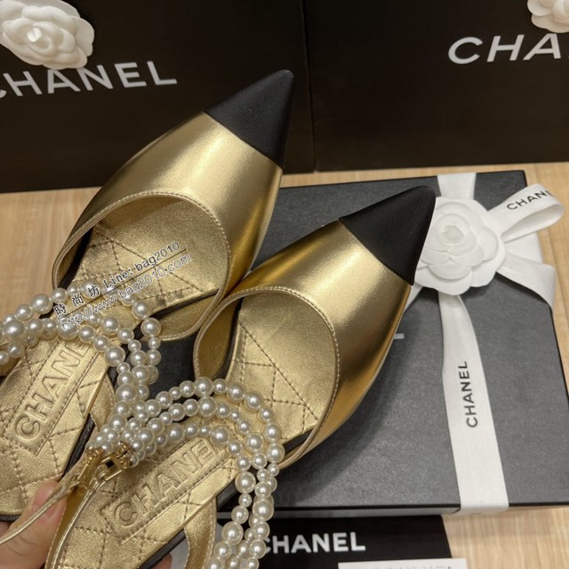 chanel2022最新爆款珍珠涼鞋 香奈兒尖頭平跟涼鞋 dx3355